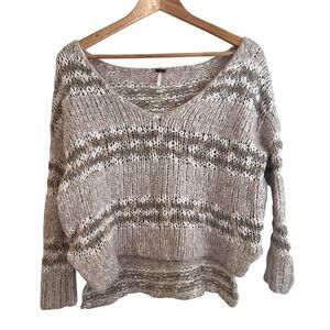 Free People Linus Eyelash Sweater Cream Tan Striped Boho Pullover Size XS